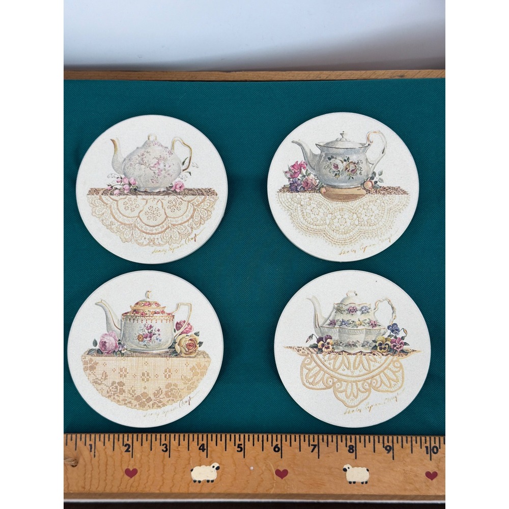 CoasterStone Sandy Lynam Clough Teapot Absorbent Stone Coasters Set of 4‎ Round